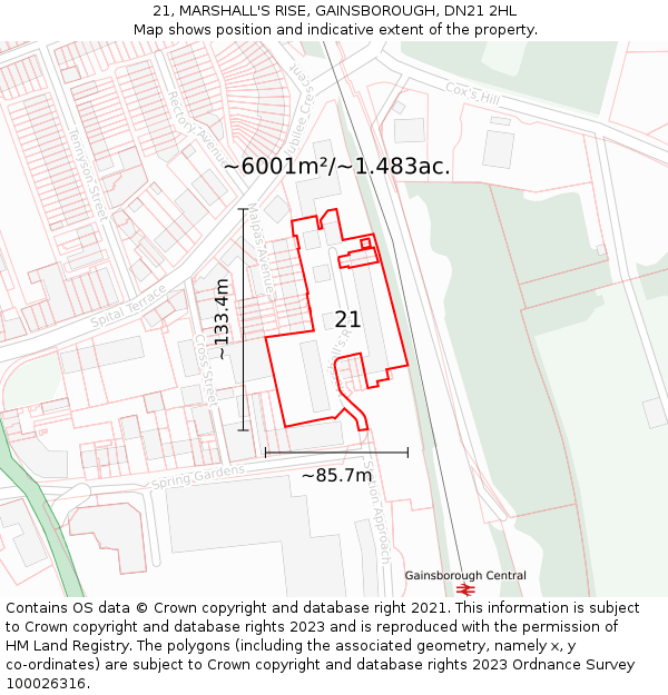 21, MARSHALL'S RISE, GAINSBOROUGH, DN21 2HL: Plot and title map