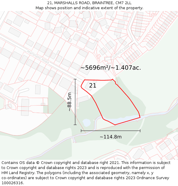 21, MARSHALLS ROAD, BRAINTREE, CM7 2LL: Plot and title map