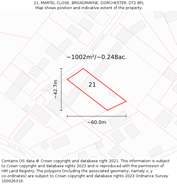 21, MARTEL CLOSE, BROADMAYNE, DORCHESTER, DT2 8PL: Plot and title map