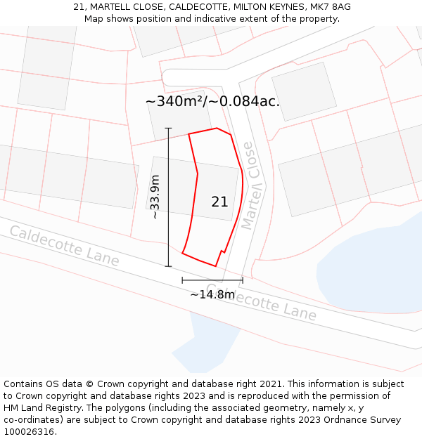 21, MARTELL CLOSE, CALDECOTTE, MILTON KEYNES, MK7 8AG: Plot and title map