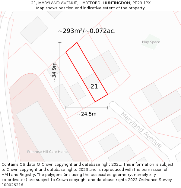 21, MARYLAND AVENUE, HARTFORD, HUNTINGDON, PE29 1PX: Plot and title map