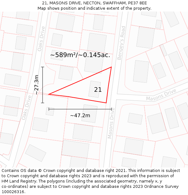 21, MASONS DRIVE, NECTON, SWAFFHAM, PE37 8EE: Plot and title map