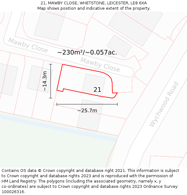 21, MAWBY CLOSE, WHETSTONE, LEICESTER, LE8 6XA: Plot and title map