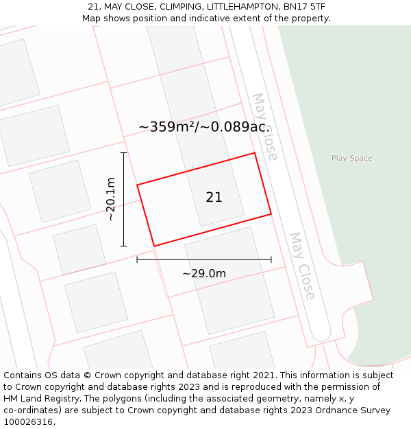 21, MAY CLOSE, CLIMPING, LITTLEHAMPTON, BN17 5TF: Plot and title map