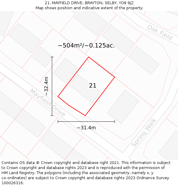 21, MAYFIELD DRIVE, BRAYTON, SELBY, YO8 9JZ: Plot and title map