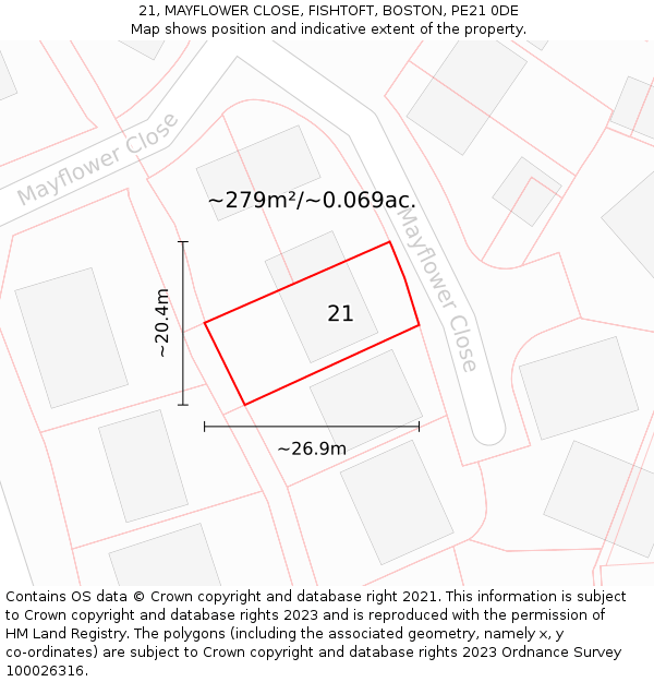 21, MAYFLOWER CLOSE, FISHTOFT, BOSTON, PE21 0DE: Plot and title map