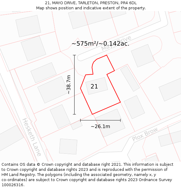 21, MAYO DRIVE, TARLETON, PRESTON, PR4 6DL: Plot and title map