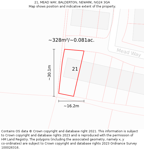 21, MEAD WAY, BALDERTON, NEWARK, NG24 3GA: Plot and title map