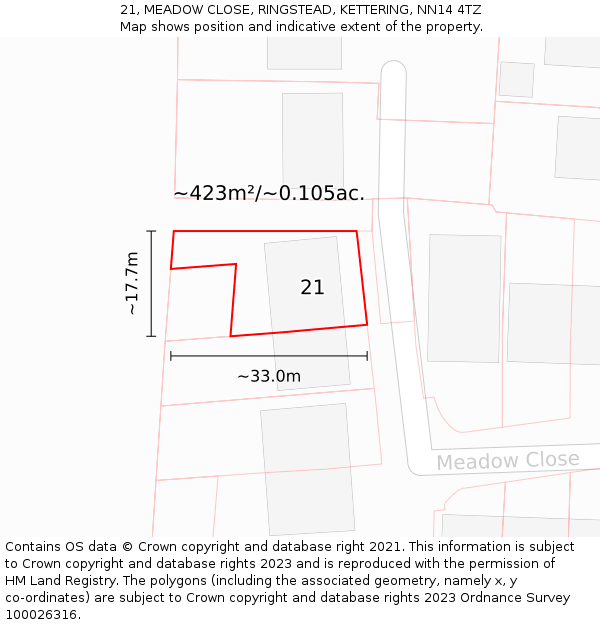 21, MEADOW CLOSE, RINGSTEAD, KETTERING, NN14 4TZ: Plot and title map