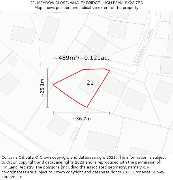 21, MEADOW CLOSE, WHALEY BRIDGE, HIGH PEAK, SK23 7BD: Plot and title map