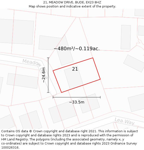 21, MEADOW DRIVE, BUDE, EX23 8HZ: Plot and title map