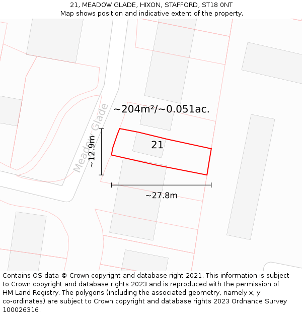 21, MEADOW GLADE, HIXON, STAFFORD, ST18 0NT: Plot and title map