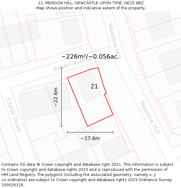 21, MEADOW HILL, NEWCASTLE UPON TYNE, NE15 9BZ: Plot and title map