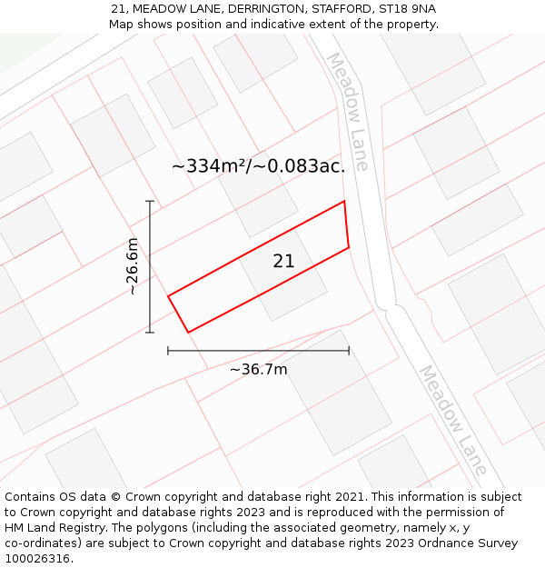 21, MEADOW LANE, DERRINGTON, STAFFORD, ST18 9NA: Plot and title map