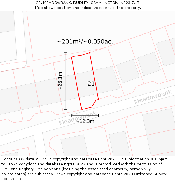 21, MEADOWBANK, DUDLEY, CRAMLINGTON, NE23 7UB: Plot and title map