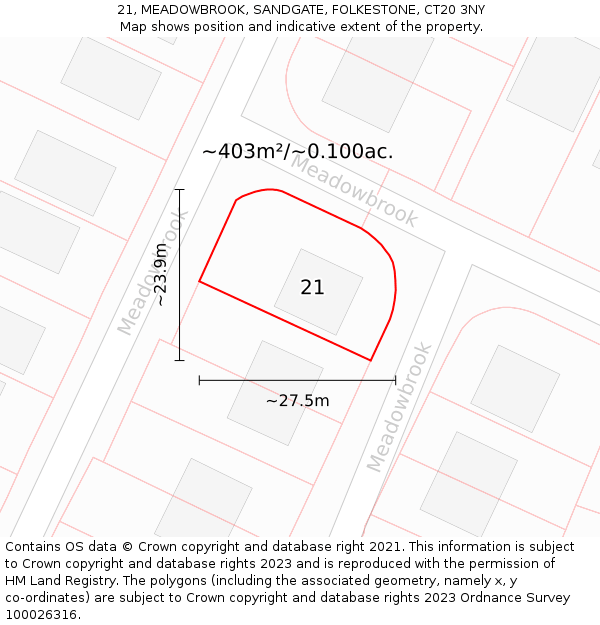 21, MEADOWBROOK, SANDGATE, FOLKESTONE, CT20 3NY: Plot and title map