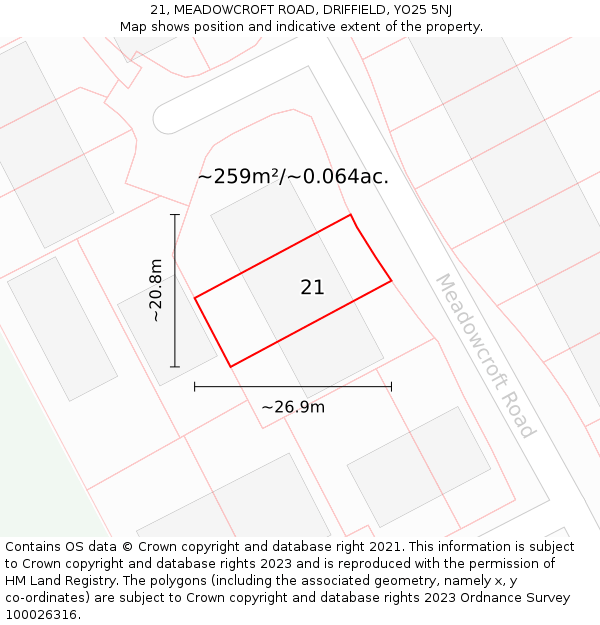 21, MEADOWCROFT ROAD, DRIFFIELD, YO25 5NJ: Plot and title map