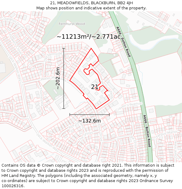21, MEADOWFIELDS, BLACKBURN, BB2 4JH: Plot and title map