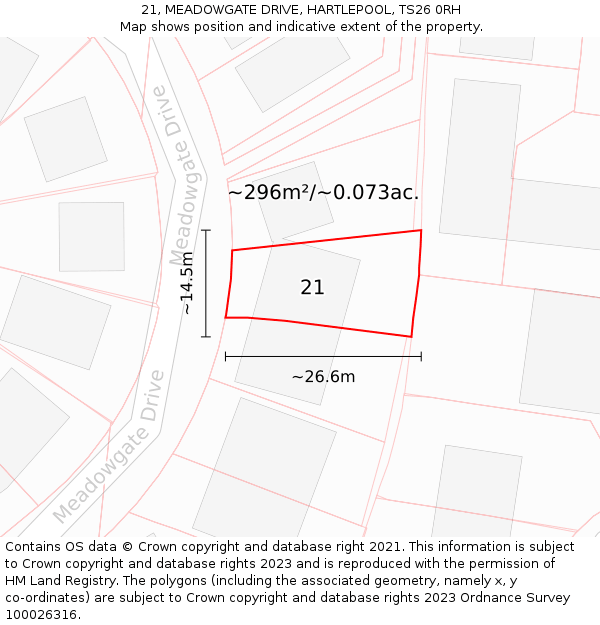 21, MEADOWGATE DRIVE, HARTLEPOOL, TS26 0RH: Plot and title map