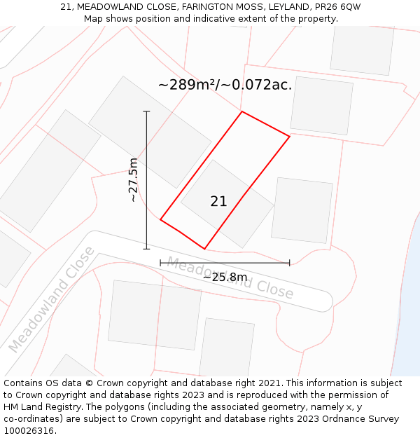 21, MEADOWLAND CLOSE, FARINGTON MOSS, LEYLAND, PR26 6QW: Plot and title map