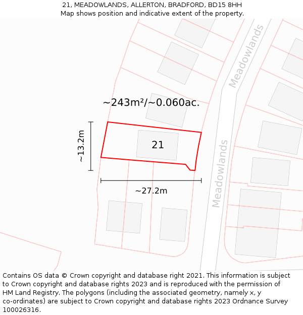 21, MEADOWLANDS, ALLERTON, BRADFORD, BD15 8HH: Plot and title map