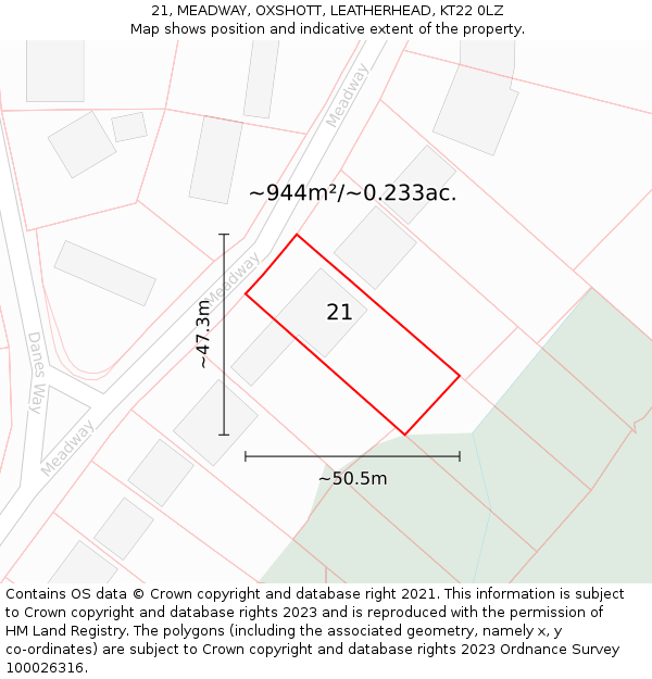 21, MEADWAY, OXSHOTT, LEATHERHEAD, KT22 0LZ: Plot and title map