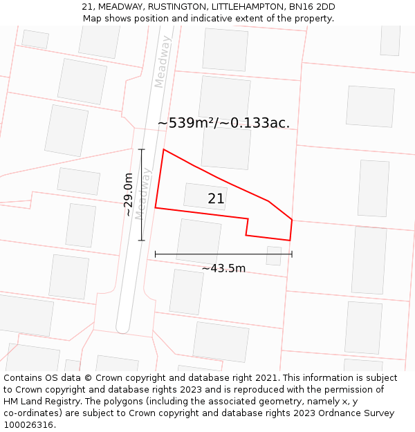 21, MEADWAY, RUSTINGTON, LITTLEHAMPTON, BN16 2DD: Plot and title map