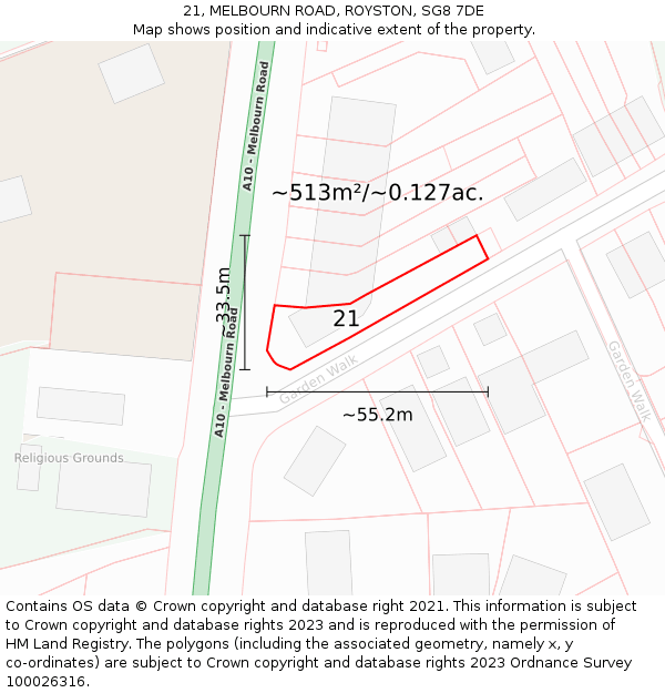 21, MELBOURN ROAD, ROYSTON, SG8 7DE: Plot and title map