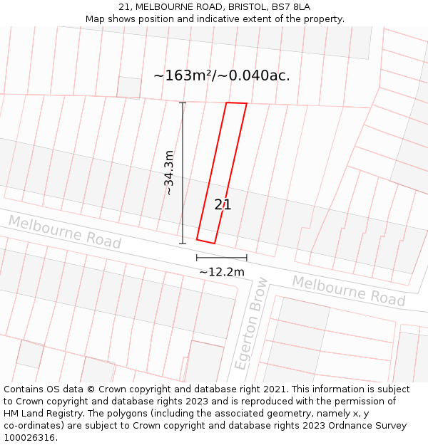 21, MELBOURNE ROAD, BRISTOL, BS7 8LA: Plot and title map