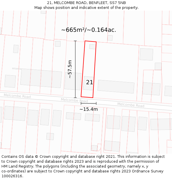 21, MELCOMBE ROAD, BENFLEET, SS7 5NB: Plot and title map