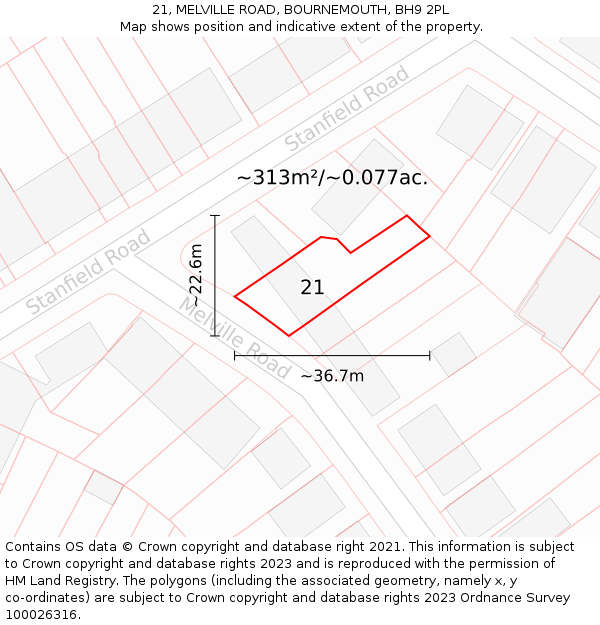 21, MELVILLE ROAD, BOURNEMOUTH, BH9 2PL: Plot and title map