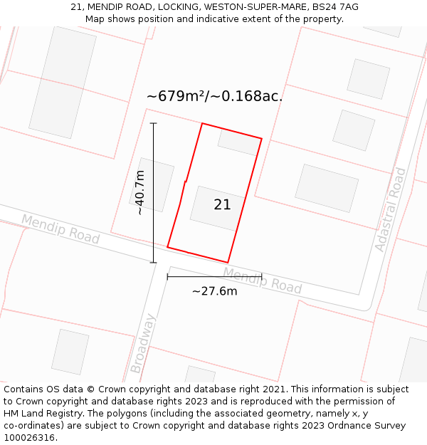 21, MENDIP ROAD, LOCKING, WESTON-SUPER-MARE, BS24 7AG: Plot and title map