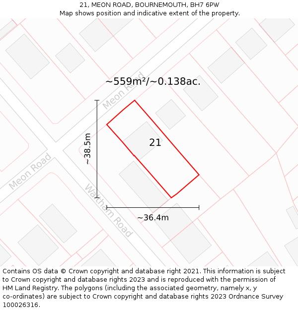 21, MEON ROAD, BOURNEMOUTH, BH7 6PW: Plot and title map