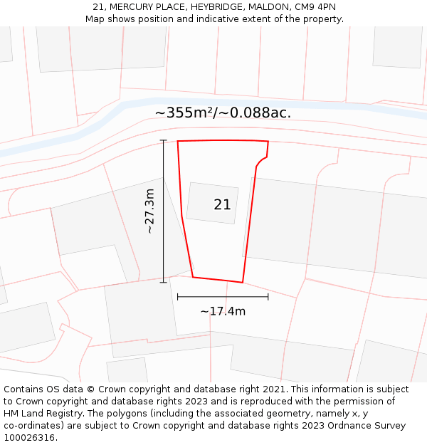 21, MERCURY PLACE, HEYBRIDGE, MALDON, CM9 4PN: Plot and title map