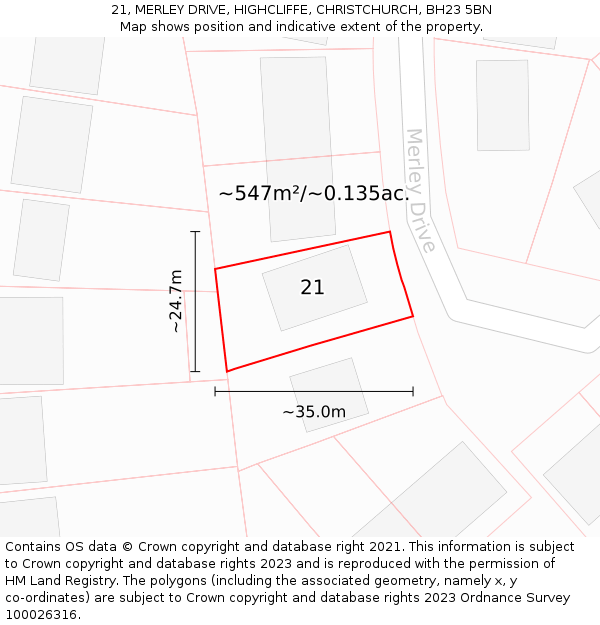 21, MERLEY DRIVE, HIGHCLIFFE, CHRISTCHURCH, BH23 5BN: Plot and title map