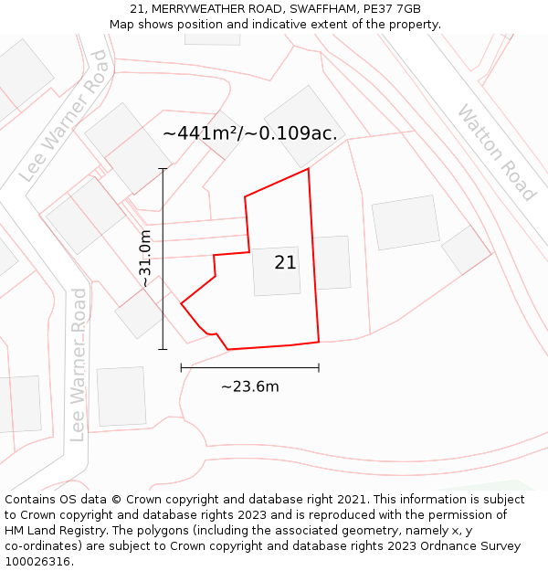 21, MERRYWEATHER ROAD, SWAFFHAM, PE37 7GB: Plot and title map