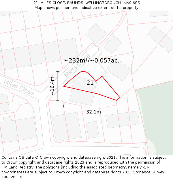 21, MILES CLOSE, RAUNDS, WELLINGBOROUGH, NN9 6SS: Plot and title map