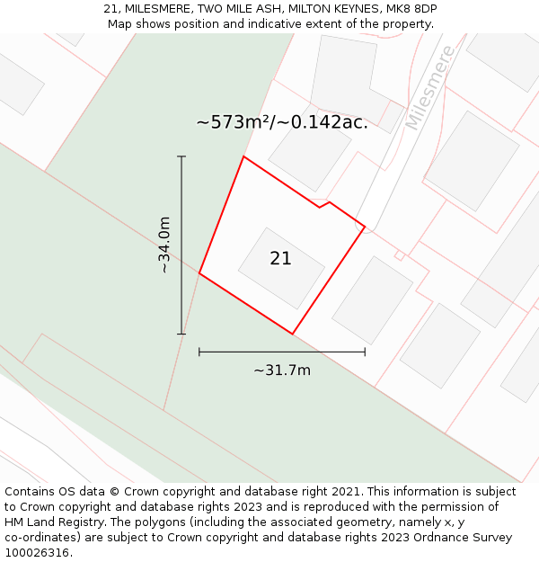 21, MILESMERE, TWO MILE ASH, MILTON KEYNES, MK8 8DP: Plot and title map