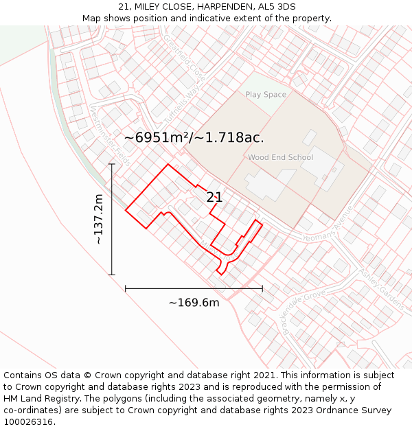 21, MILEY CLOSE, HARPENDEN, AL5 3DS: Plot and title map