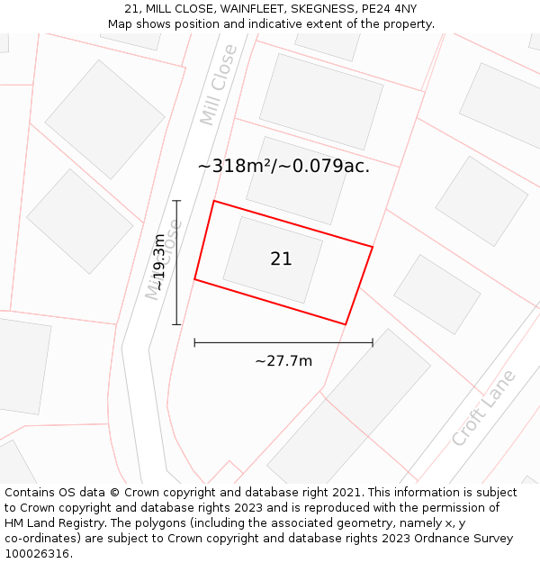 21, MILL CLOSE, WAINFLEET, SKEGNESS, PE24 4NY: Plot and title map