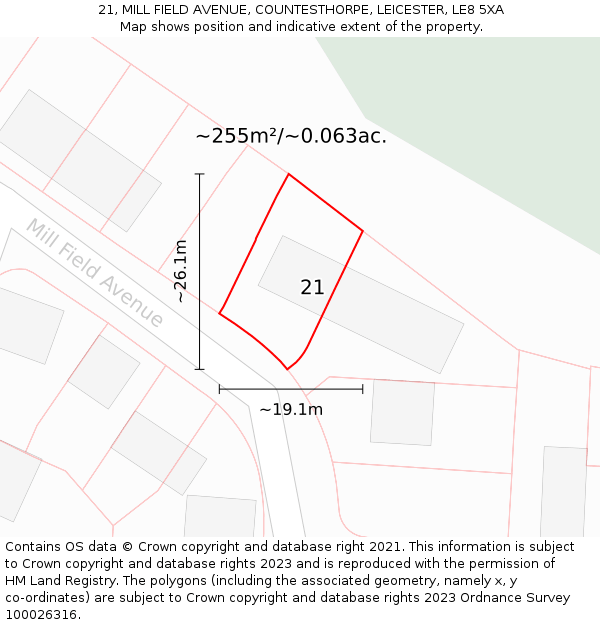 21, MILL FIELD AVENUE, COUNTESTHORPE, LEICESTER, LE8 5XA: Plot and title map