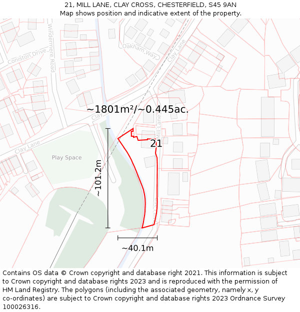 21, MILL LANE, CLAY CROSS, CHESTERFIELD, S45 9AN: Plot and title map