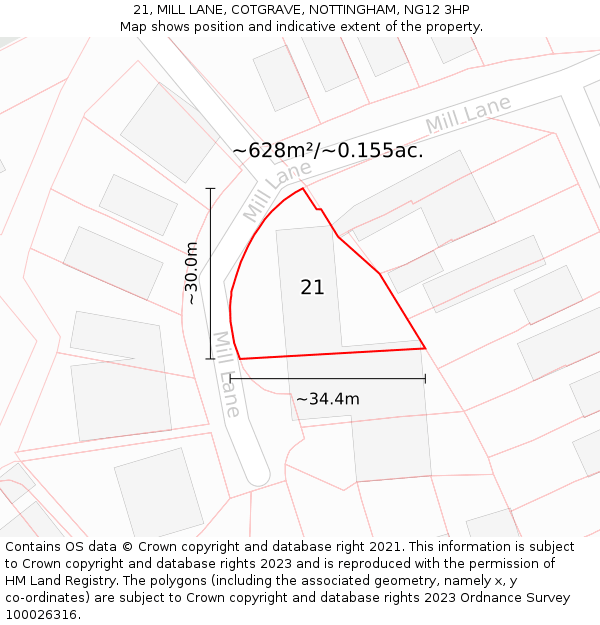 21, MILL LANE, COTGRAVE, NOTTINGHAM, NG12 3HP: Plot and title map