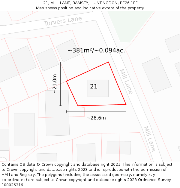 21, MILL LANE, RAMSEY, HUNTINGDON, PE26 1EF: Plot and title map