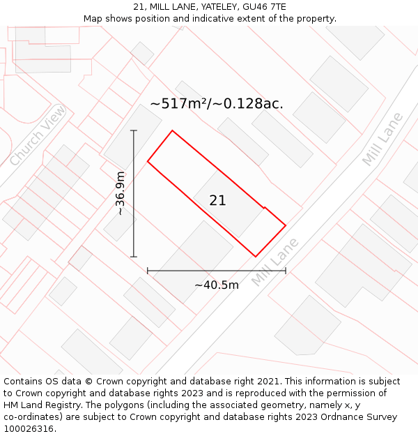 21, MILL LANE, YATELEY, GU46 7TE: Plot and title map