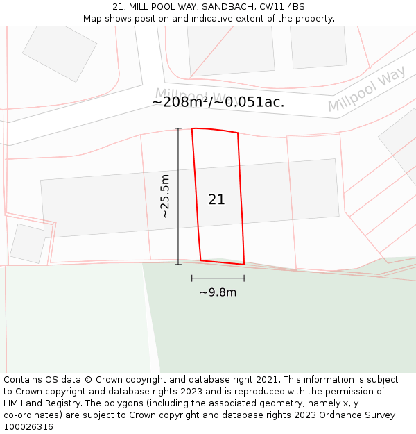 21, MILL POOL WAY, SANDBACH, CW11 4BS: Plot and title map