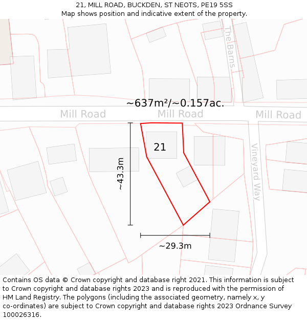 21, MILL ROAD, BUCKDEN, ST NEOTS, PE19 5SS: Plot and title map