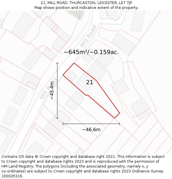 21, MILL ROAD, THURCASTON, LEICESTER, LE7 7JP: Plot and title map