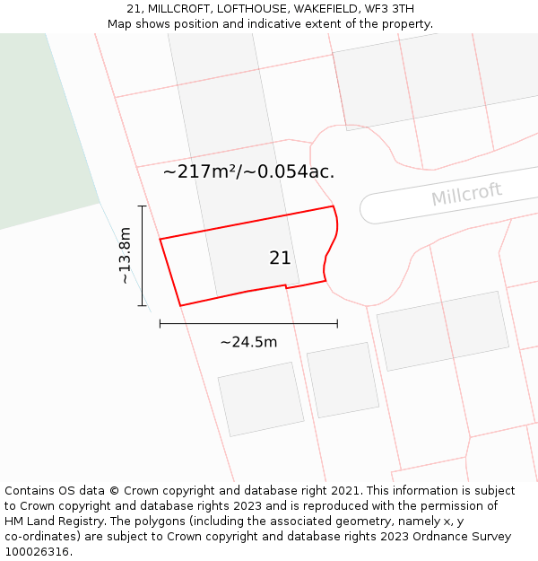 21, MILLCROFT, LOFTHOUSE, WAKEFIELD, WF3 3TH: Plot and title map
