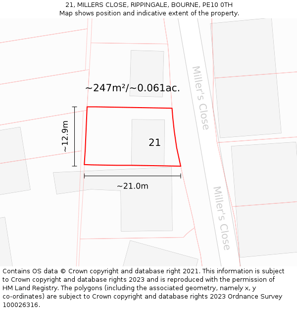 21, MILLERS CLOSE, RIPPINGALE, BOURNE, PE10 0TH: Plot and title map